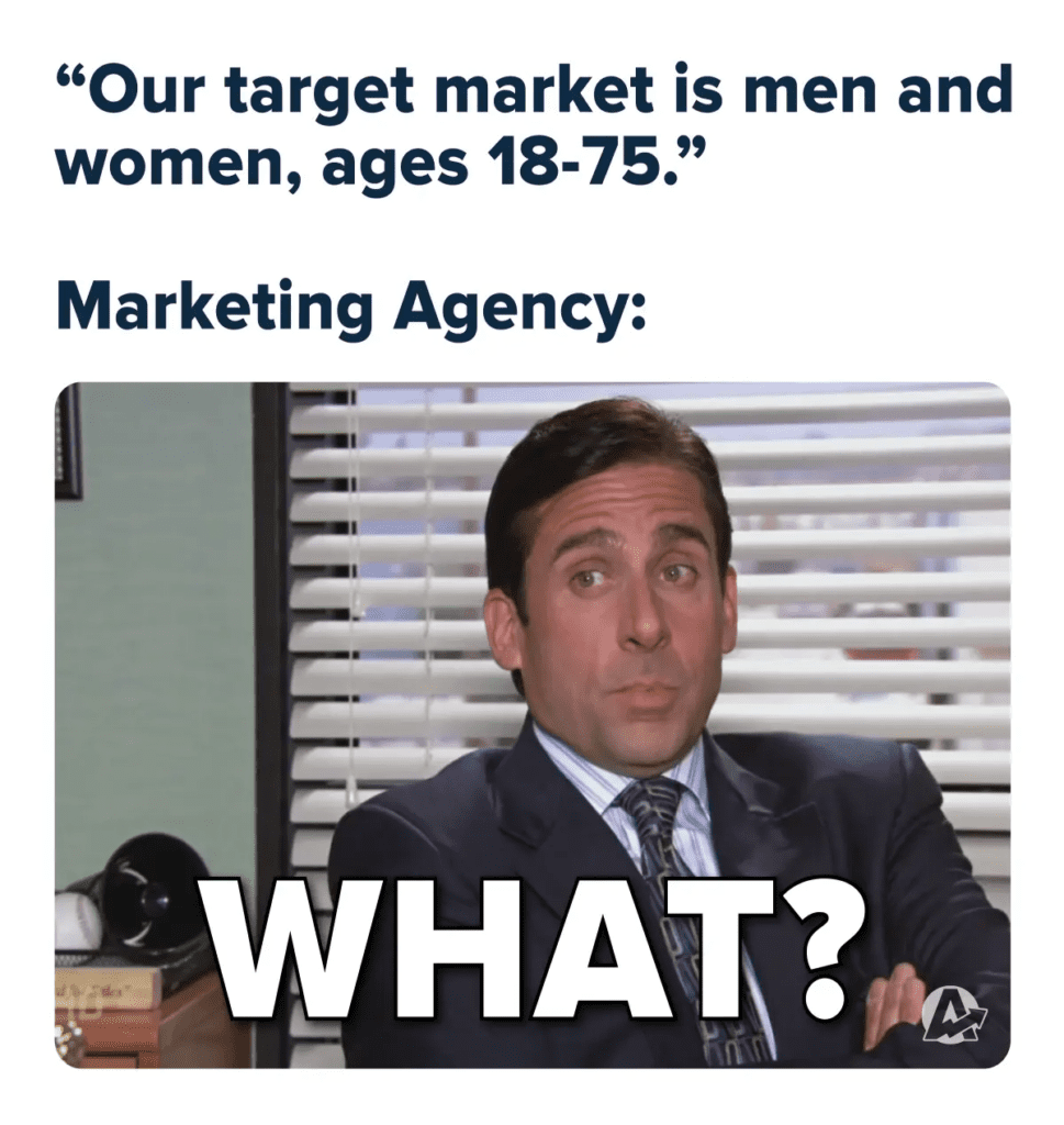 Humoros marketing mém: egy döbbent arcú férfi (Michael Scott, The Office) a ‘WHAT?’ felirattal reagál arra a mondatra, hogy a célpiac ‘férfiak és nők 18–75 éves korig’, ami túl általános célcsoport-meghatározást figuráz ki.